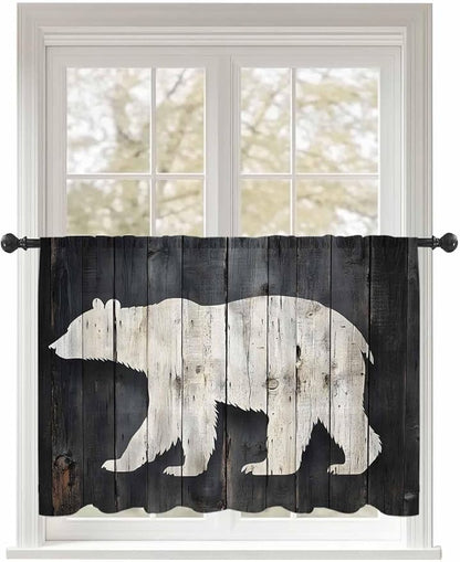 Sheer Curtains 45 Inch Length, White Brown Bear Semi Sheer Curtains Light Filtering Window Treatment, Rustic Counrty Vintage Wood Grain Privacy Voile Drapes for Living Room Bedroom 52x45 Inch