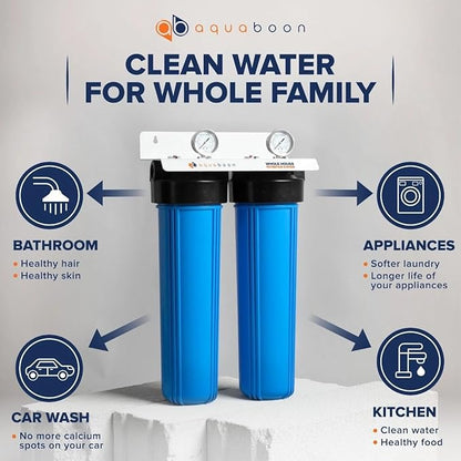 Aquaboon 2-Stage Whole House Water Filter System with 20x4.5 Sediment/Anti-Scale, Carbon Block Filters, Pressure Gauges & Release, Wrench, Bracket
