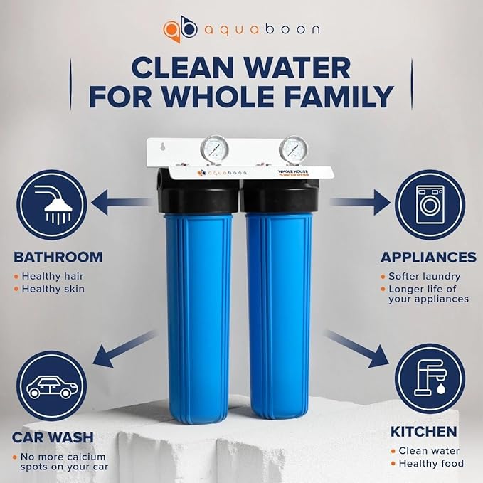 Aquaboon 2-Stage Whole House Water Filtration System with 20" Sediment, KDF Filters, Pressure Gauges & Release, Wrench, White Coated Bracket