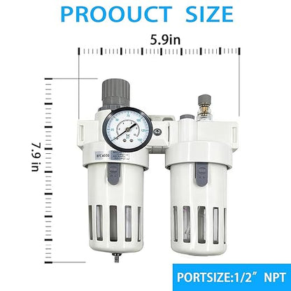 XingNEeng 1/2" NPT Compressed Air Filter Regulator Lubricator (FRL) Combo, Water/Oil Trap Separator, Air Pressure Regulator with Pressure Gauge(0-150 psi), Semi-Auto Drain, Poly Bowl, Metal Bracket