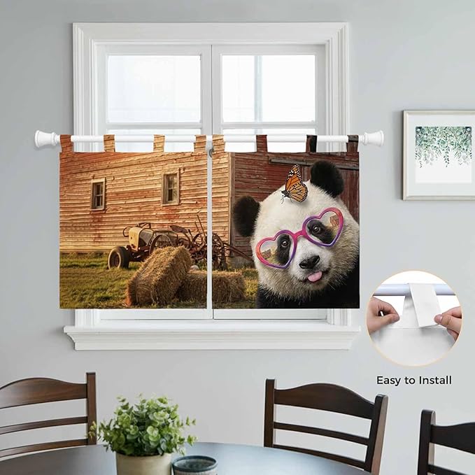 Farm Panda Kitchen Curtains 24 Inch Length, Small Window Curtains Tab Top, Farmhouse Barn Funny Animals Butterfly Light Filtering Short Window Treatments Tier Drapes 27.5"x24" 2 Panel