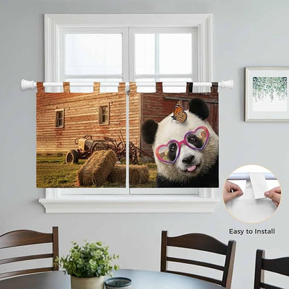 Farm Panda Kitchen Curtains 24 Inch Length, Small Window Curtains Tab Top, Farmhouse Barn Funny Animals Butterfly Light Filtering Short Window Treatments Tier Drapes 27.5"x24" 2 Panel