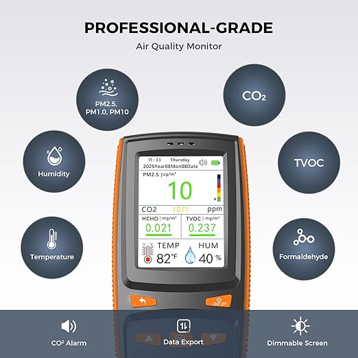 Air Quality Monitor, Indoor Air Quality Tester for CO2, TVOC, Formaldehyde, PM1.0/2.5/10, Temp & Humidity, with CO2 Alert, Data Storage, Adjustable Screen for Home, Office