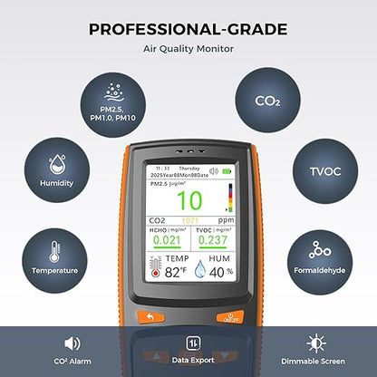 Air Quality Monitor, Indoor Air Quality Tester for CO2, TVOC, Formaldehyde, PM1.0/2.5/10, Temp & Humidity, with CO2 Alert, Data Storage, Adjustable Screen for Home, Office