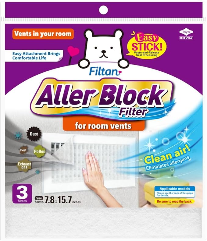 Aller Block Room Vent Filters – Anti-Allergenic, Captures Dust & Pollen, Peel & Stick, Easy Apply, FILTAN, Made in Japan, 3 Sheets
