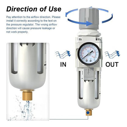 AIRZOE 3/8" NPT Air Filter Regulator Combo Piggyback,5 Micron Brass Element, Semi-Auto Drain,Air Pressure Regulator AW3000-03,0-145 psi Gauge