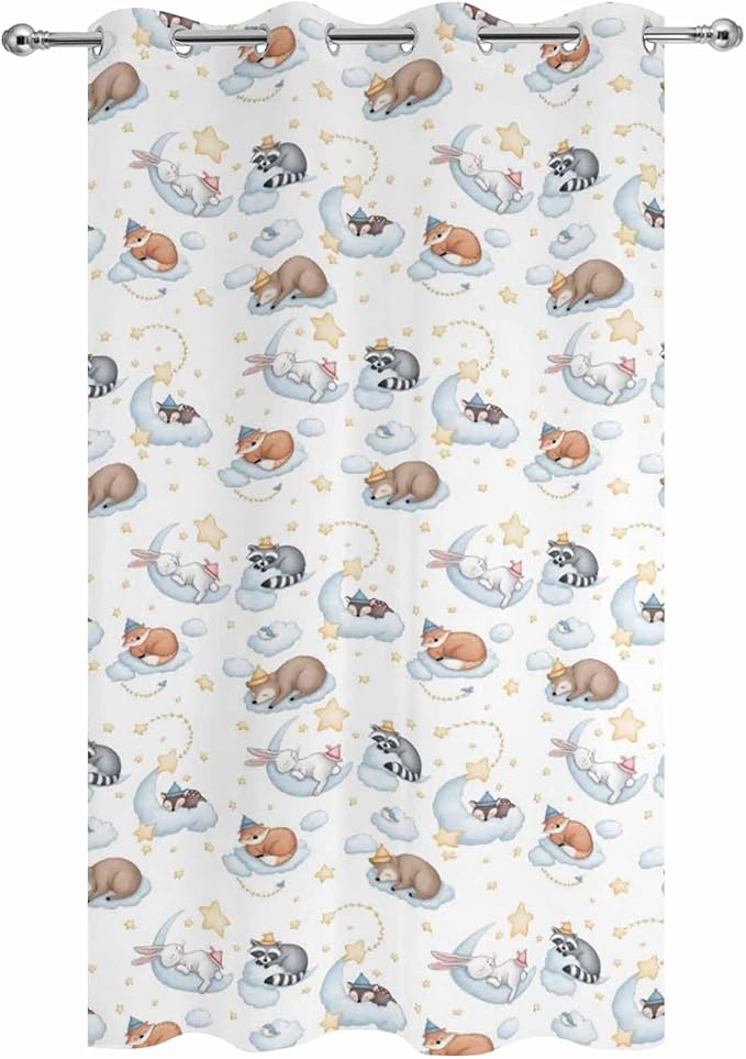Cartoon Animals Outdoor Curtains for Patio Raccoons Rabbits Moon Waterproof Outside Curtains with Grommet Top Weatherproof Curtain for Cabana Pergola Gazebo, 1 Panel, 54" W x 108" L