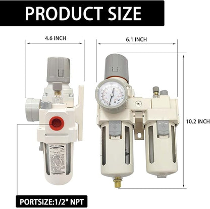 YSIL 1/2" NPT Compressed Air Filter Regulator Lubricator Two Units Combo Air Pressure Regulator with Gauge(0-150PSI) Water/Oil Trap Separator,Semi-Auto Drain,Poly Bowl with Metal Guard,Bracket