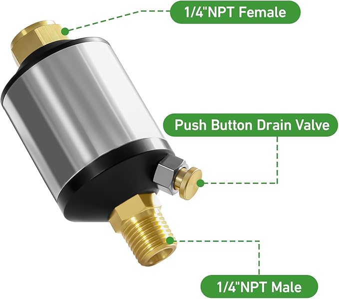 Watflow Air Compressor Water Separator Filter for Air Line, 1/4" NPT Inlet and Outlet, 150 psi, Protect Tool for Pneumatic