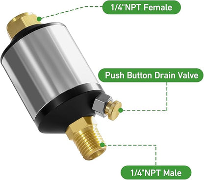 Watflow Air Compressor Water Separator Filter for Air Line, 1/4" NPT Inlet and Outlet, 150 psi, Protect Tool for Pneumatic