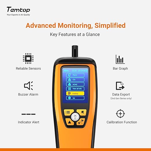 Temtop Advanced Air Quality Monitor for CO2, PM2.5, PM10, with Audio Alarm, Temp & Humidity Insights, Plus Data Export for in-Depth Analysis, M2000C 2ND