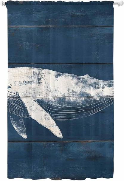 Sheer Curtains 108 Inches Long, Summer Whale Semi Sheer Curtains Light Filtering Window Treatment, Ocean Vintage Wooden Grain Blue Privacy Voile Drapes for Living Room Bedroom 52x108 Inch
