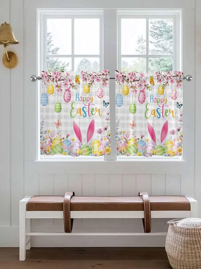 Happy Easter Half Window Curtains 24 Inches Long, Spring Watercolor Bunny Eggs Flower Grey Plaid Window Treatment Curtain Drapes, Short Curtains Tiers for Kitchen Over Sink, 27.5"x24", 2 Panels