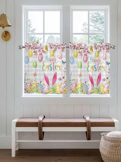 Happy Easter Half Window Curtains 24 Inches Long, Spring Watercolor Bunny Eggs Flower Grey Plaid Window Treatment Curtain Drapes, Short Curtains Tiers for Kitchen Over Sink, 27.5"x24", 2 Panels