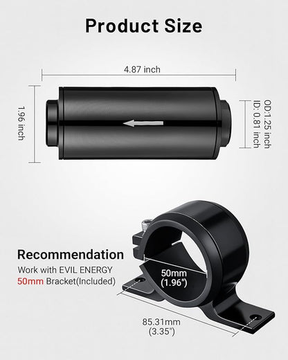 EVIL ENERGY Inline Fuel Filter 10 Micron with 6AN 8AN 10AN Adapter&Bracket Clamp 50MM Universal