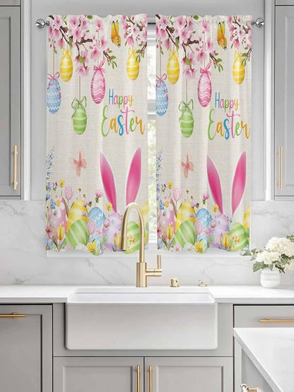 Happy Easter Bedroom Curtains 63 Inches length, Spring Farmhouse Bunny Eggs Flower Beige Window Treatment Curtain Drapes, Rod Pocket Curtain Panels for Living Room Kitchen, 42"x63", 2 Panels