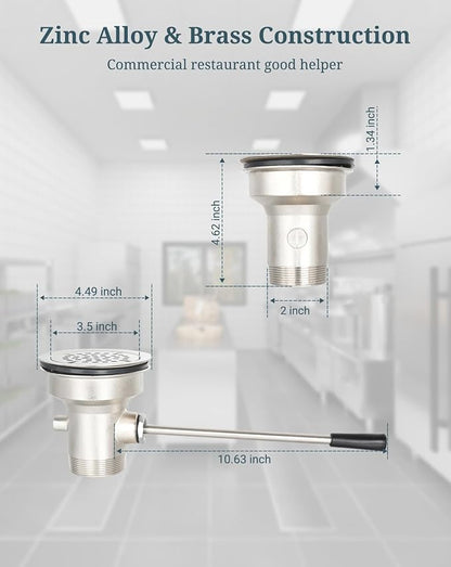 3-1/2 Inch Commercial Sink Drain with Twist Handle Kitchen Sink Opening Waste Drain Valve Stopper Prevents Sink Clogged Overflow for 1/2/3 Compartment Sink Style Drains