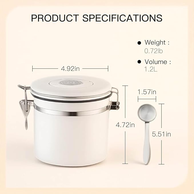 MEGAWISE Coffee Canister Stainless Steel – 1.2L Coffee Storage Container with CO₂ Release Valve & Date Tracker, Vacuum-Sealed Food Canister for Beans, Grounds, Tea, Sugar, Nuts