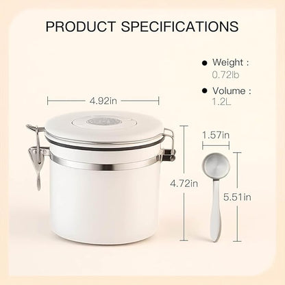MEGAWISE Coffee Canister Stainless Steel – 1.2L Coffee Storage Container with CO₂ Release Valve & Date Tracker, Vacuum-Sealed Food Canister for Beans, Grounds, Tea, Sugar, Nuts