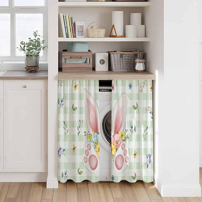 Easter Kitchen Curtains 45 Inch Long 2 Panel Set, Rod Pocket Window Treatment, Spring Bunny Ears Feet Flowers Green Plaid Light Filtering Panels Short Drapes for Bathroom Camper 42"W x 45"L