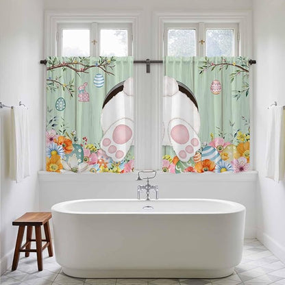 Easter Kitchen Curtains 54 Inch Long 2 Panel Set, Rod Pocket Window Curtains Panels, Spring Watercolor Bunny Eggs Wooden Grain Green Light Filtering Drapery Draperies for Bathroom Bedroom 52"W x 54"L