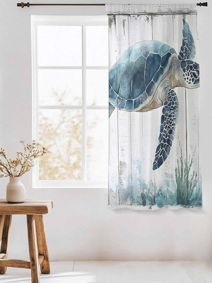 Sheer Curtains 72 Inches Long, Sea Turtle Teal Blue Semi Sheer Curtains Light Filtering Window Treatment, Summer Coastal Ocean Wood Grain Privacy Voile Drapes for Living Room Bedroom 52x72 Inch