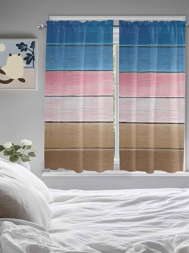 Blue Pink Brown Gradient Wood Grain Window Valance Curtains, Vintage Wood Board Light Filtering Kitchen Valance with 3-inch Rod Pocket for Living Room Bathroom Bedroom,2 Panel,42x63In