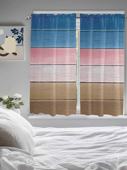 Blue Pink Brown Gradient Wood Grain Window Valance Curtains, Vintage Wood Board Light Filtering Kitchen Valance with 3-inch Rod Pocket for Living Room Bathroom Bedroom,2 Panel,42x63In