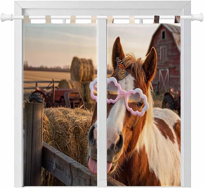 Farm Horses Bathroom Curtains 63 Inch Length, Window Curtains Tab Top, Farmhouse Barn Funny Animals Butterfly Light Filtering Window Treatments Drapes 52"x63" 2 Panel