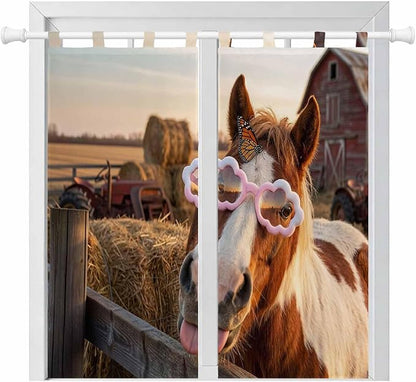 Farm Horses Bedroom Curtains 72 Inch Length, Window Curtains Tab Top, Farmhouse Barn Funny Animals Butterfly Light Filtering Window Treatments Drapes 52"x72" 2 Panel