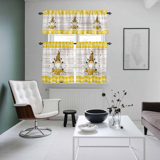 Yellow Gnomes Kitchen Curtains Set 3 Piece for Windows, Rod Pocket Valance and Tier Set 36 Inch Length, Spring Bees Daisy Plaid Wooden Grain Light Filtering Cafe Curtains for Living Room Bathroom