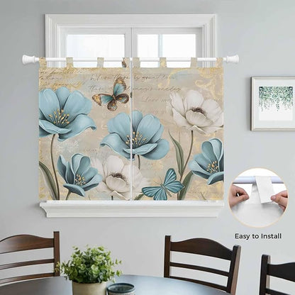 Spring Flowers Kitchen Curtains 45 Inch Length, Short Cafe Window Curtains Tab Top, Vintage Rustic Tulips Floral Butterfly Khaki Light Filtering Window Treatments Tier Drapes 27.5"x45" 2 Panel