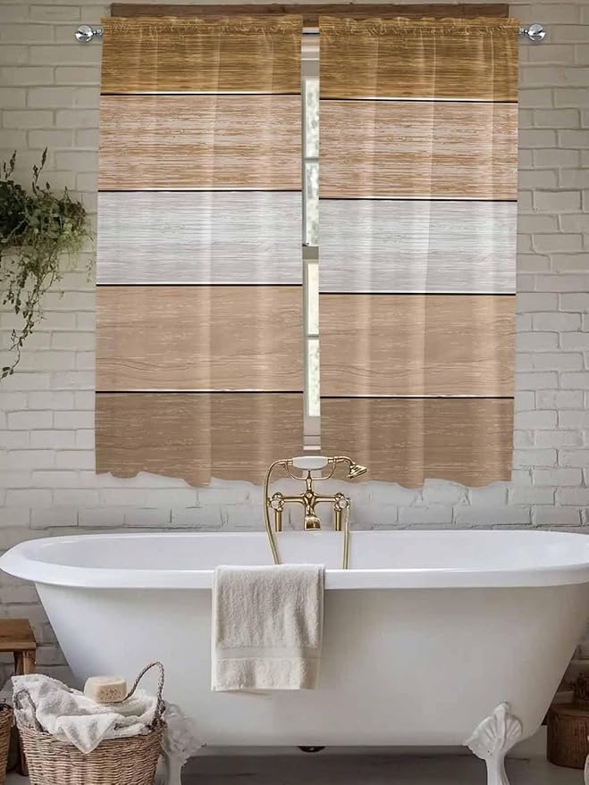 Retro Farm Wood Board Window Valance Curtains, Brown Graduality Striped Light Filtering Kitchen Valance with 3-inch Rod Pocket for Living Room Bathroom Bedroom,2 Panel,42x63In