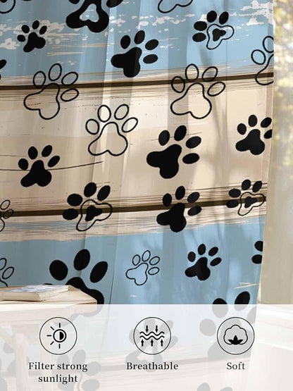 Sheer Curtains 84 Inches Long, Blue Beige Paw Print Semi Sheer Curtains Light Filtering Window Treatment, Vintage Farmhouse Rustic Wooden Grain Privacy Voile Drapes for Living Room Bedroom 52x84 Inch