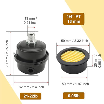 Pack of 2 Air Compressor Silencer with Replacement Elements, 1/4" Thread Air Compressor Intake Filter Silencer, 13mm Metal Air Compressor Filter Noise Muffler Replacement Parts