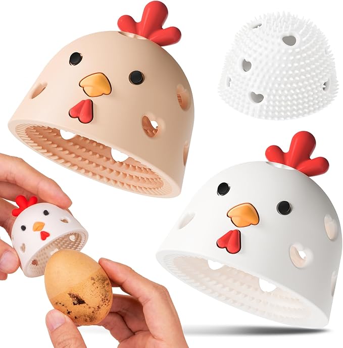 2PCS Egg Cleaner, Egg Washer for Fresh Eggs,Silicone Chicken Coop Accessories Farm Fresh Egg Cleaning Brush, Silicone Practical Vegetable and Fruit Scrubber Tool (White and Light Brown)