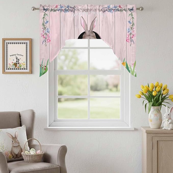 Swag Valance Curtains, Easter Cute Rabbit and Colorful Eggs Rod Pocket Valances Swag Topper for Kitchen Windows, Pink Farm Wooden Barn Light Filtering Short Curtain for Bedroom Bathroom 56x36In
