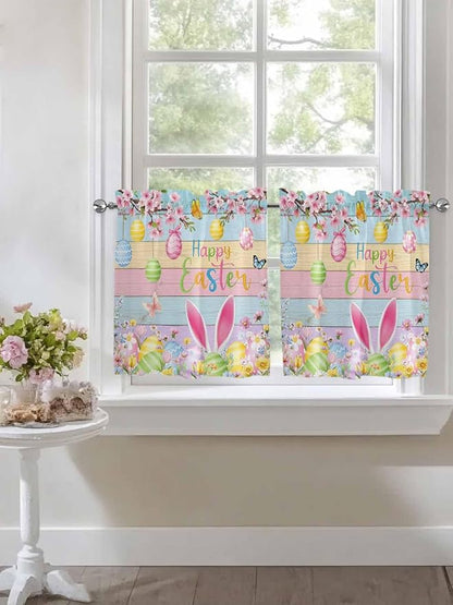 Colorful Easter Half Window Curtains 24 Inches Long, Spring Watercolor Bunny Egg Flower Wood Grain Window Treatment Curtain Drapes, Short Curtains Tiers for Kitchen Over Sink, 27.5"x24", 2 Panels