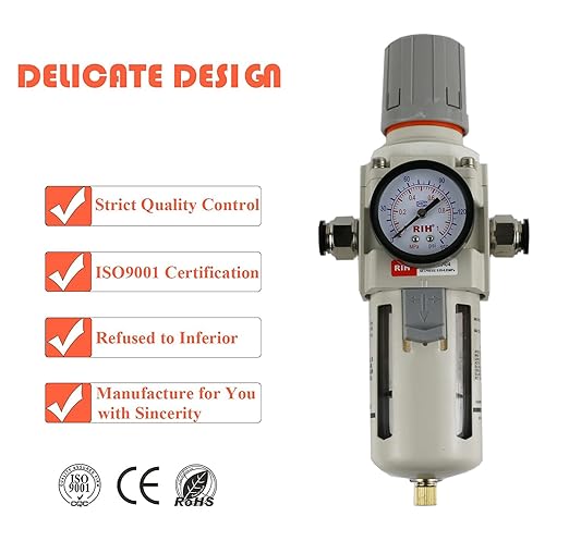 RIH Pneumatics 1/2"NPT Air Filter Pressure Regulator Combo Piggyback, 5 Micron Brass Element, Poly Bowl, Semi-Auto Drain, Metal Bracket, 0-150 psi Gauge Air Tool Compressor Filter with Gauge (1/2"NPT)