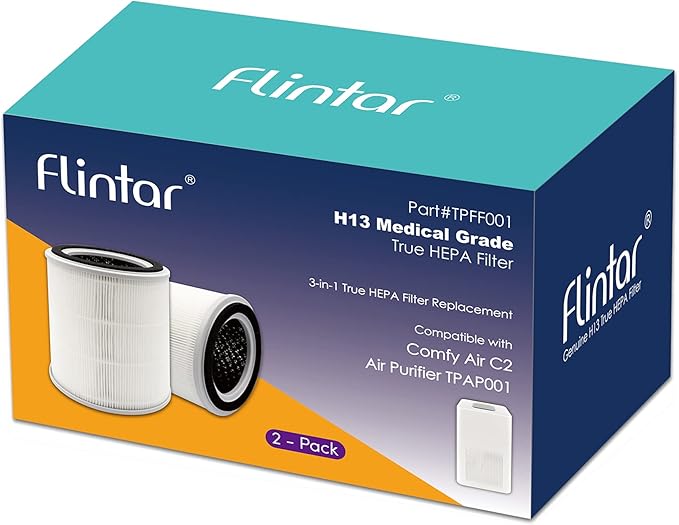 Flintar TPAP001 H13 Replacement Filter, Compatible with TOPPIN TPAP001 Air Purifier Comfy Air C2, 3-in-1 H13 Grade Filter Set, Part # TPFF001, 2-Pack