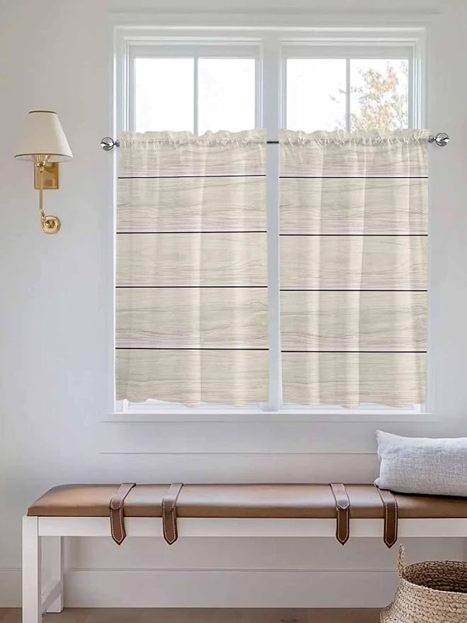 Vintage Country Wooden Board Window Valance Curtains, Gradient Wood Grain Line Light Filtering Kitchen Valance with 3-inch Rod Pocket for Living Room Bathroom Bedroom,2 Panel,42x54In