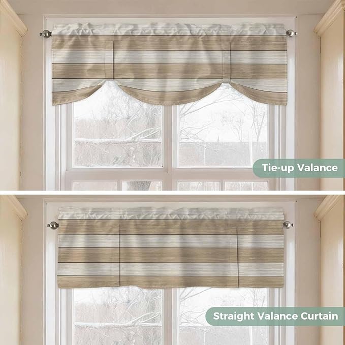 Brown Ombre Wooden Tie Up Valance Curtains for Windows, Kitchen Curtains Window Shades, Farmhouse Retro Khaki Wood Light Filtering Roman Curtain Valances for Bedroom/Bathroom/Cafe 42"x12"