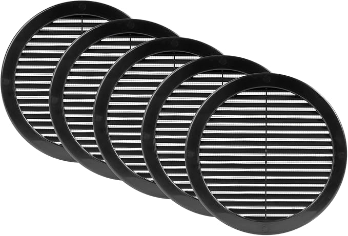 Vent Systems 8" Inch (Opening Dimensions) - Pack of 5 - Black Soffit Vent Cover - Plastic Round Air Vent Grille - Built-in Mesh Screen - HVAC Register Louver for Bathroom, Home, Kitchen