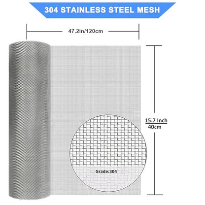 304 Stainless Steel Mesh Screen#80Mesh -Size:15.7"x47.2"(40x120cm), for Home, Garden and Farm. Window or Door Filter, Guards Against Pests Like Mice, Snakes, and Rodents. Easy to Cut and Install.