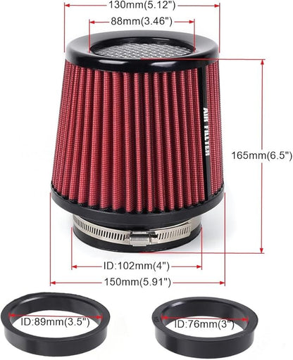 3" 3.5" 4" Inlet Car Replacement Cold Air Intake Filter 76mm 89mm 102mm 3 Sizes in 1 High Flow Performance Cone Air Filter (Red)