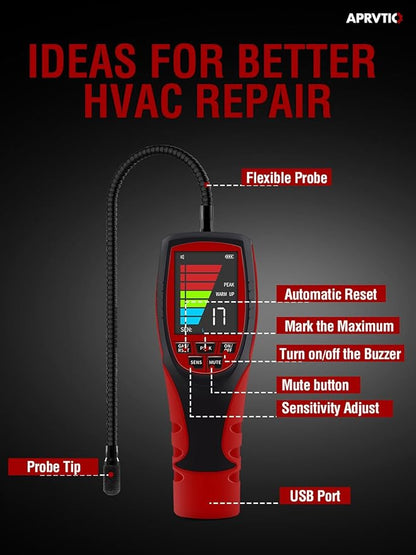 Refrigerant Leak Detector for Air Source Heat Pumps, Aprvtio ALD-200 PRO ASHP Freon Leak Detector for R410A, R407C, R32, R1234ze.16 Inch Sensor Probe with 0.14oz./yr. Max. Sensitivity