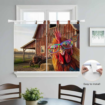 Farm Rooster Kitchen Curtains 45 Inch Length, Short Cafe Window Curtains Tab Top, Farmhouse Barn Funny Animals Butterfly Light Filtering Window Treatments Tier Drapes 27.5"x45" 2 Panel