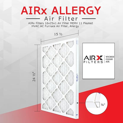 16x25x1 Air Filter ALLERGY by AIRx Filters MERV 11 Pleated 16x25x1 Furnace Filter for HVAC Systems - Made in the USA - Box of 6