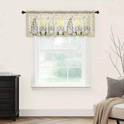 Rustic Lemon Gnomes Sheer Valance Curtains, Summer Fruit Leaves Retro Linen Texture Light Filtering Kitchen Valances Rod Pocket Voile Curtain Window Treatment for Bedroom/Living Room/Basement 42Wx12L