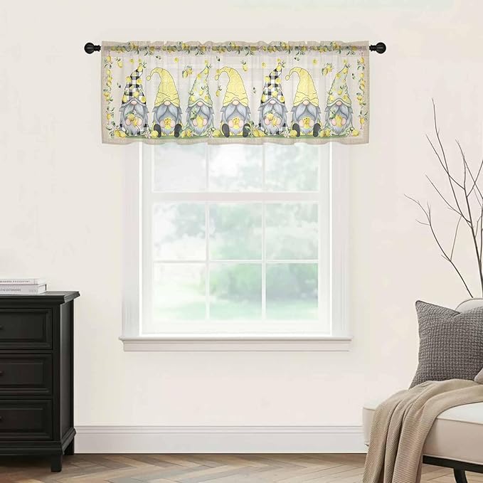Rustic Lemon Gnomes Sheer Valance Curtains, Summer Fruit Leaves Retro Linen Texture Light Filtering Kitchen Valances Rod Pocket Voile Curtain Window Treatment for Bedroom/Living Room/Basement 42Wx18L